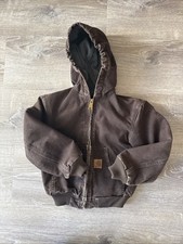 Carhartt Youth Boys Brown Hooded Jacket Size 6/7 Quilted Cotton Workwear