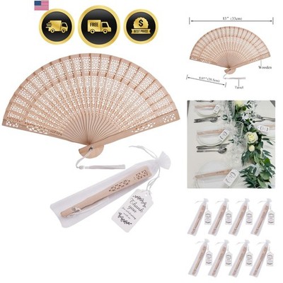 50 Sets Wooden Hand Fan Wood Handheld Folding Fans with Organza Bags and Than...