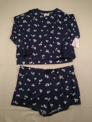 Joy Spun Hacci Shorty Pajama Set Women s  XL Dark Navy Daisy Poly Blend NWT