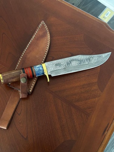 Custom Handmade Damascus Steel Bowie Knife with Leather Sheath Fixed Blade - Picture 4 of 5