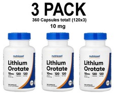Nutricost, Lithium Orotate, 3 PACK, 10 mg, 120 Capsules each 360 total 