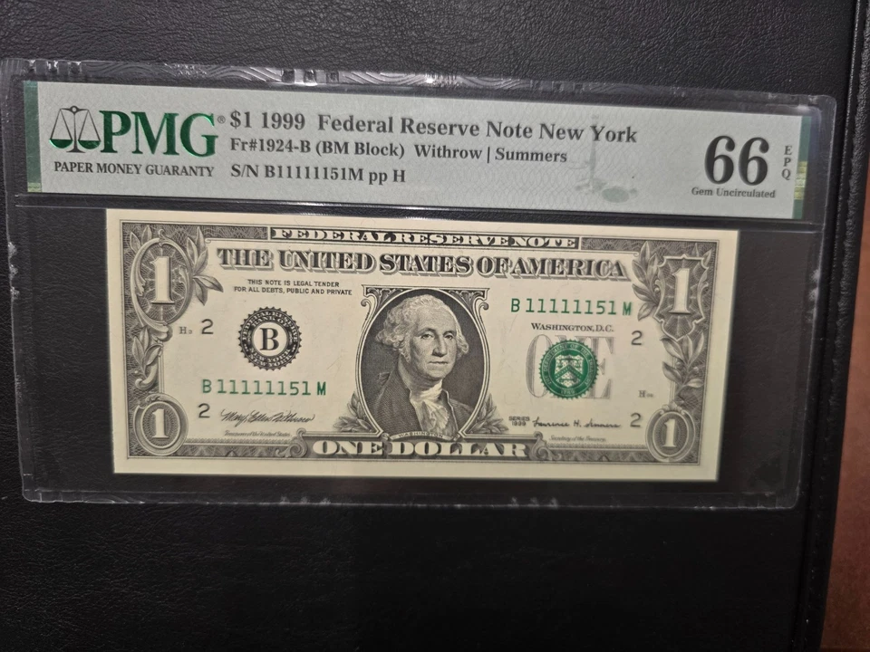 1999 $1 Crisp Federal Reserve Note Near Solid Serial Number (B 11111151 M) PMG66 - Image 3 of 4
