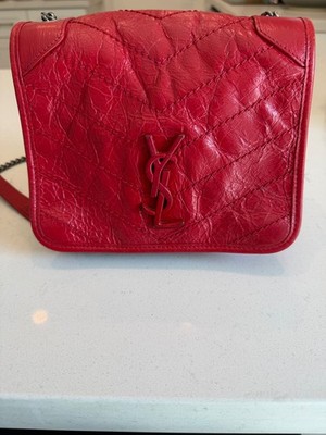 Auth YSL NIKI RED CALFSKIN LEATHER BAG SHOULDER/CROSSBODY GUNMETAL