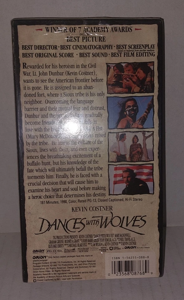 Dances with Wolves VHS 1990 1st Release Orion Watermark Sealed Kevin Costner - Image 4 of 4