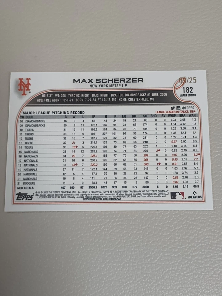 25 s MLB 2022 JAPAN Scherzer SCHERZER 182 - Image 2 of 2