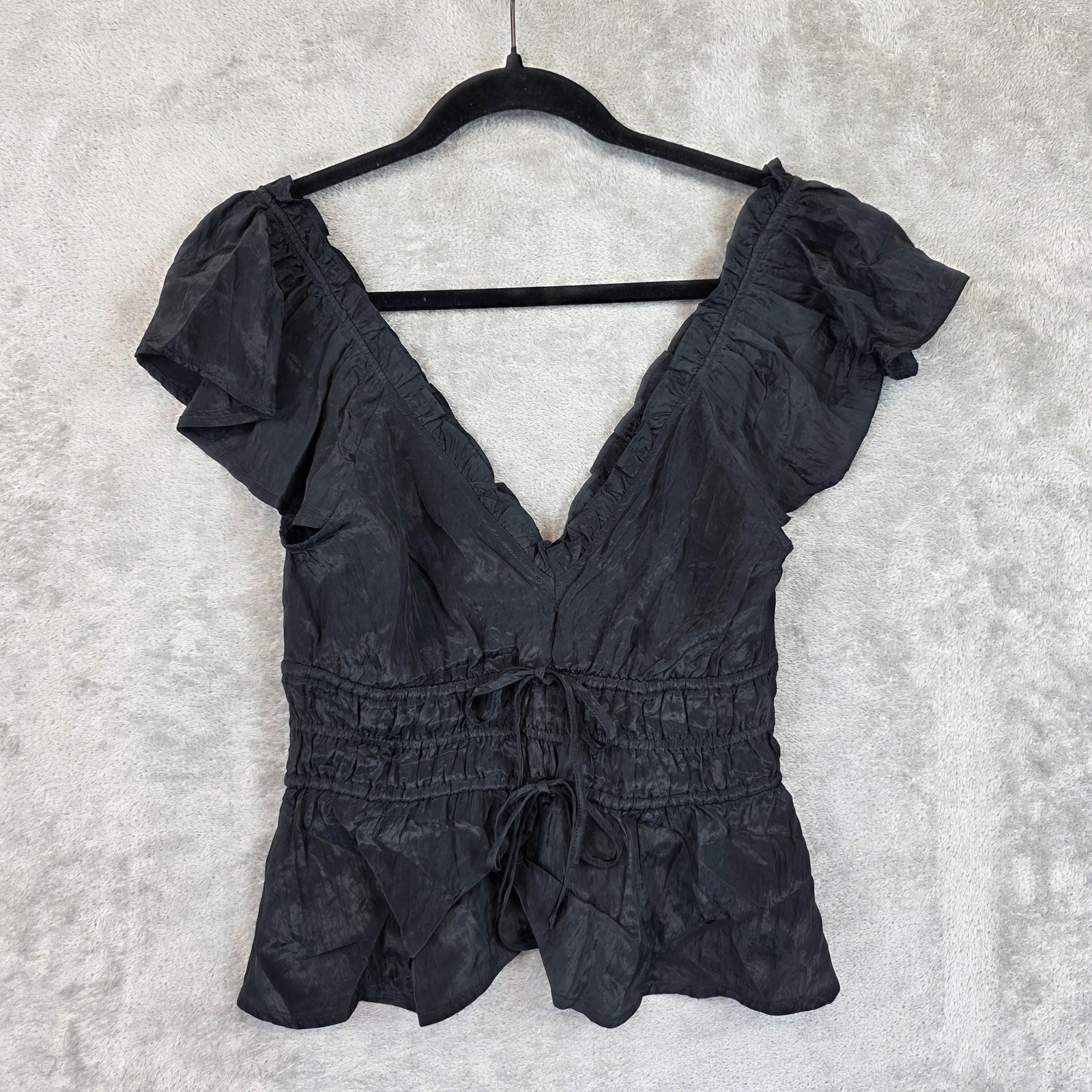 J.Crew Blouse Womens S Black V Neck Flutter Sleeve Smocked Ruffle Peplum Top
