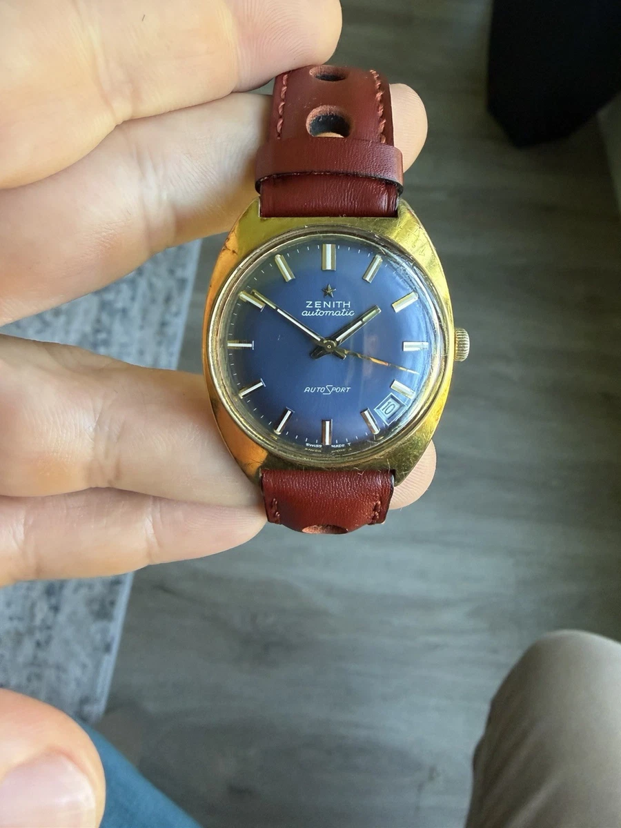 Zenith AutoSport Automatic Blue Sunburst Dial Date Gold Plated Case Leather