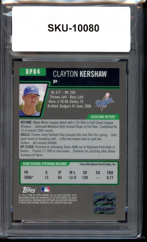 Bowman Chrome Clayton Kershaw 2006 - 1st Prospect Auto - PSA 10 GEM MT Foto 2 de 2