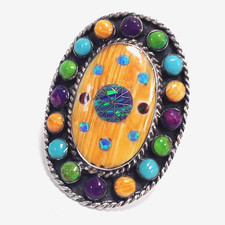 SM Signed Sterling Large Face Statement Ring Spiny Oyster Multi Gem Ring Sz 7.5