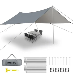 16x12Ft Camping Tarp with Poles, Lightweight and UV Resistant, Extra Large, Gray