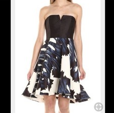 Halston Heritage Dress Strapless Fit And Flare Black White Blue Print Size 0 NWT