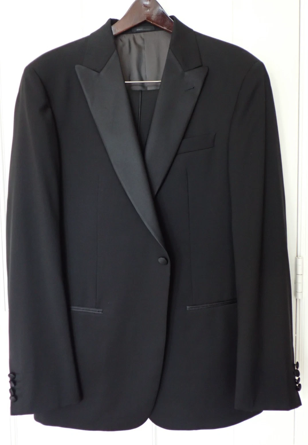 Giorgio Armani — $1895 Armani Collezioni 44L Black Satin Lapel Tuxedo Suit Jacket & 38x32  Pants