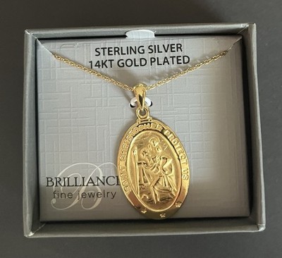 St. Christopher Pendant Necklace   Sterling Silver 14KT Gold Plated   18 Inch