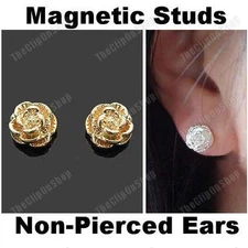 MAGNETIC clip on ROSE STUD EARRINGS flower GOLD/SILVER PLATED non-pierced studs