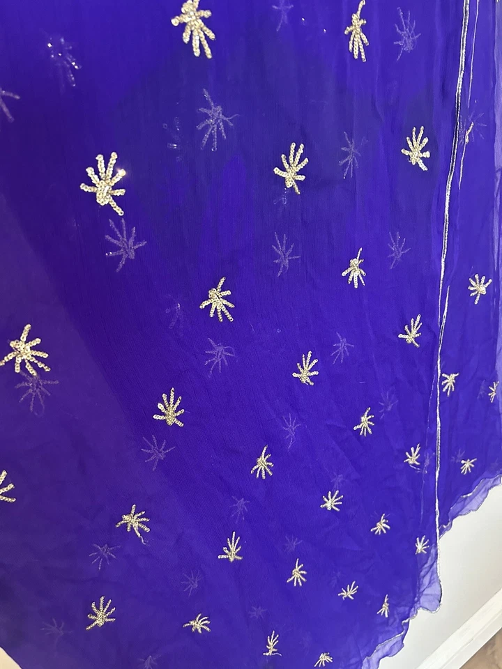 INDIO PAQUISTANÍ BUFANDA VELO DUPATTA SARI LENTEJUELAS ORO PÚRPURA Foto 4 de 4