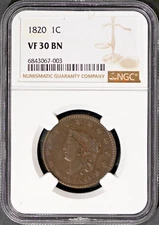 1820/19 Coronet Large Cent VF-30 N-1 NGC # 6843067-003