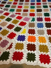 Granny Square Knit Handmade Crochet Afghan Blanket Throw Vintage Rainbow 64x60