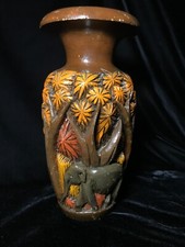 12" Vintage Elephant Wooden Large Vase Hand Carved Relief Painted MCM 70s Exotic