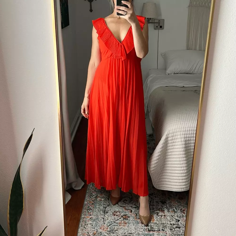 Zara orange sale pleated dress