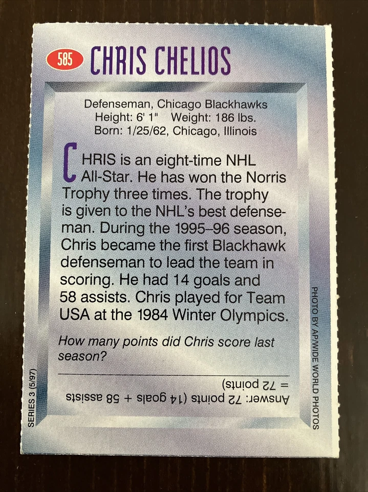 1997 Sports Illustrated for Kids Series 2 Chris Chelios #585 HOF - Image 2 of 2