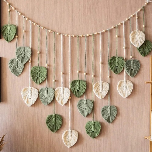 Macrame Wall Hanging With Green Leaves - 68x40cm Boho Tapestry, Handmade Cotton Decor For Bedroom, Living Room