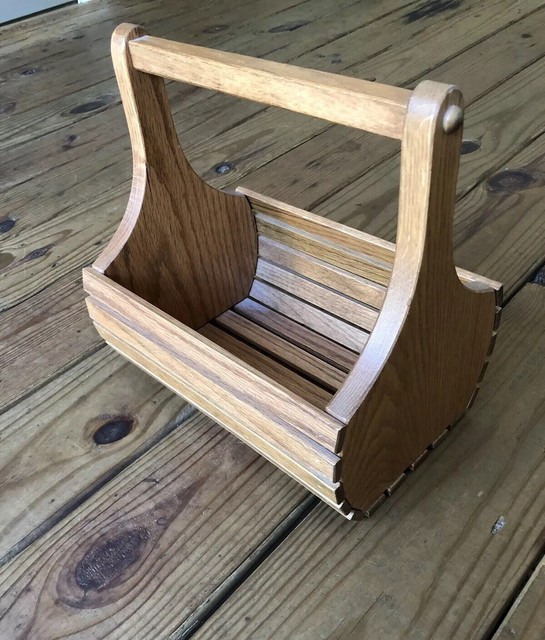 Wooden handmade honey colored round slat basket with handle eBay