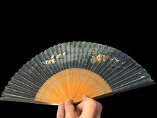 Fan Antique Wooden Handfan Fan 1900-Continental Hand Blue Dark green Hand Paint
