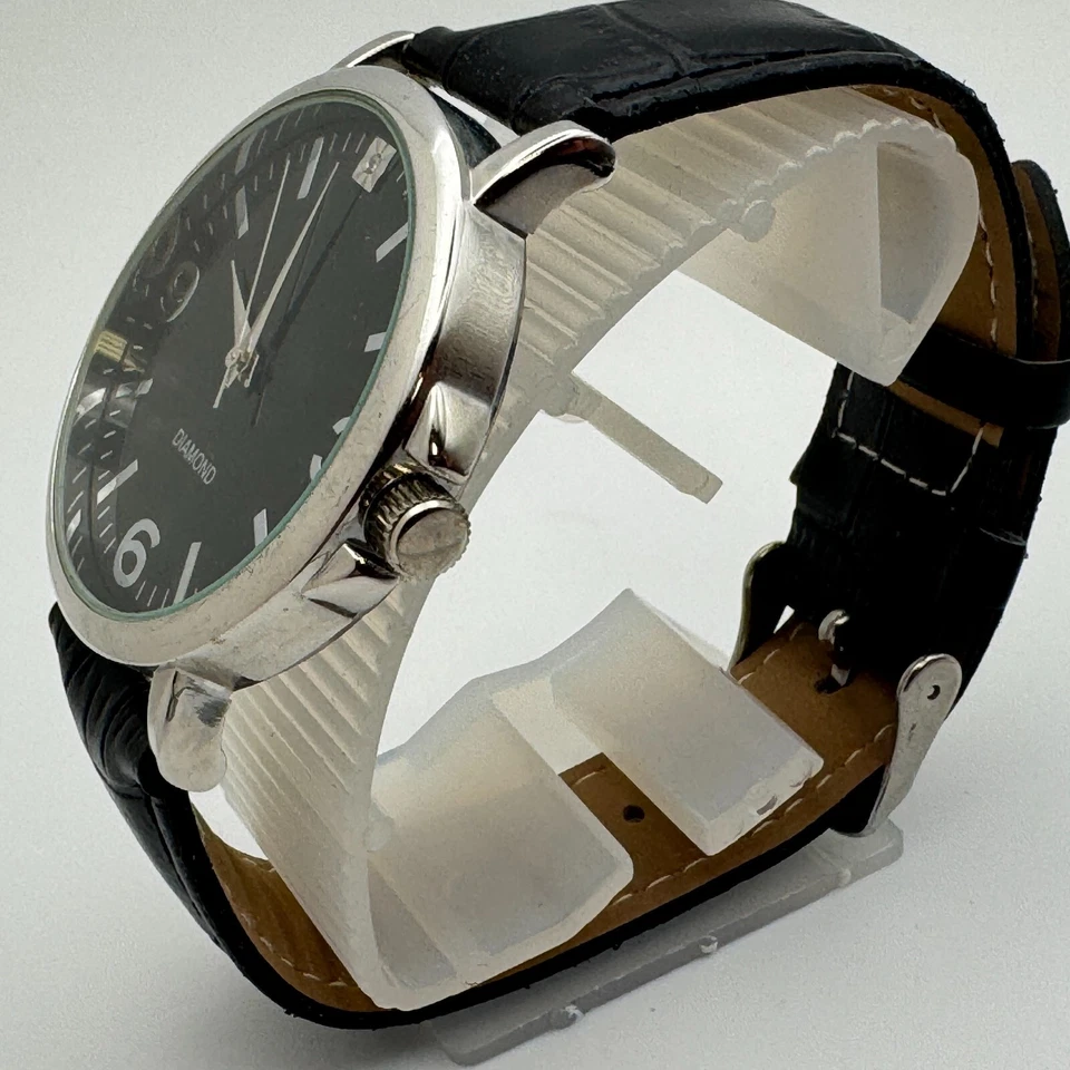 Reloj de Cuarzo Clásico Accutime Hombre Plata Negro Diamante Analógico 40mm Batería Nueva Foto 4 de 4