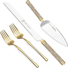 Wedding Cake Knife and Server Set, 420 Stainless Steel Gold Cake Cutter Server