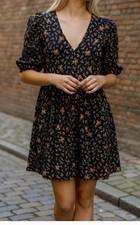 Madewell Quilted Puff-Sleeve Mini Dress in Black Amie Floral (Size 2)