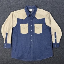 Rasco Western Denim Pearl Snap Shirt Mens 2XL Long Blue Tan Long Sleeve USA Made