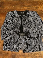 Alex Evenings Jacket Set Size SP  Black Blue Paisley 3/4 Sleeves Dressy Formal
