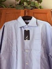Nautica Men  s Classic Fit Plaid Dress Shirt 100 Cotton 17.5 34/35 Light Blue