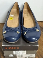 Vionic Women's Minna Ballet Flat Size 7N Blue Leather Slip On Shoe Cap Toe Bow