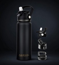 Insulated Stainless Steel Water Bottle 750ml Straw Lid 3 Caps Thermal Flask