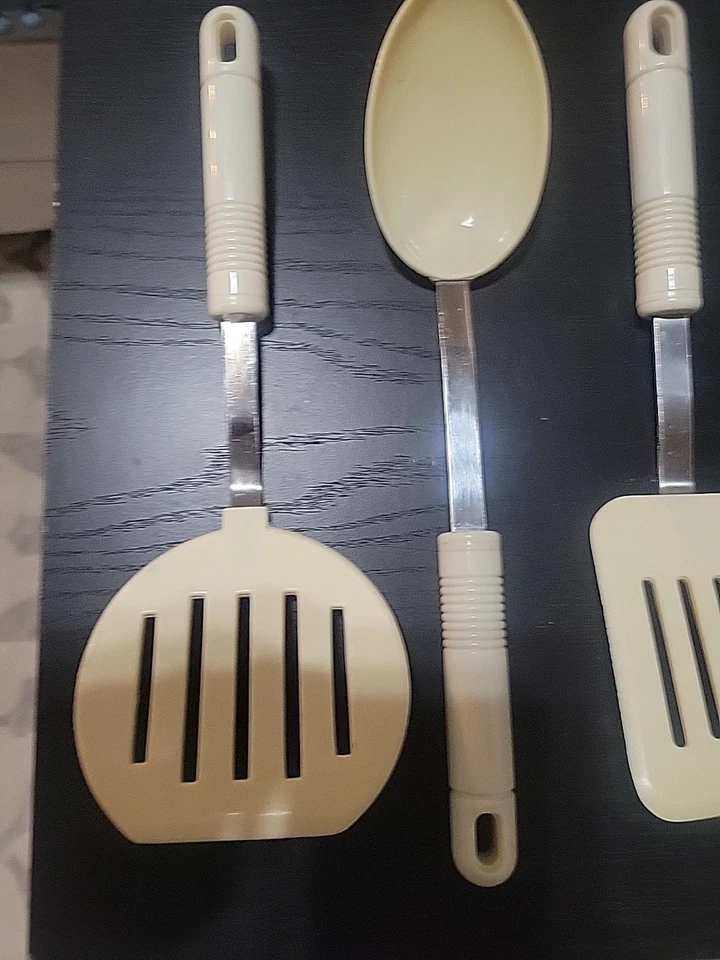 3 шт. винтажная широкая нейлоновая лопатка Rostfrei Inox с прорезями ложка белая пластиковая ручка - Изображение 4 из 4