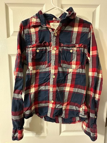 Abercrombie & Fitch Hemd Herren M Langarm Flanell Knopfleiste Muskel Blau/Rot