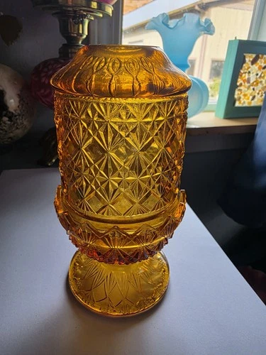 Fenton Amber Cut and Block Fairy Lamp