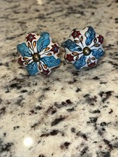 Drawer Pulls Ceramic Floral Red Teal Orange Pottery Set Of 2