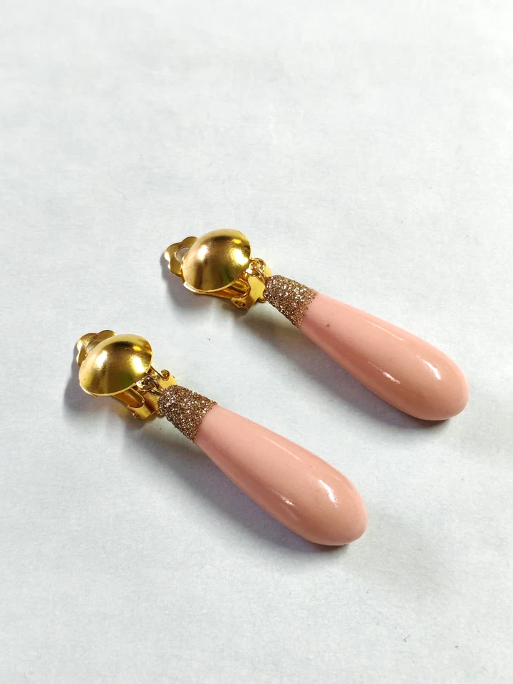 Orecchini donna clips goccia rosa pasta di corallo pendenti - Immagine 3 di 4