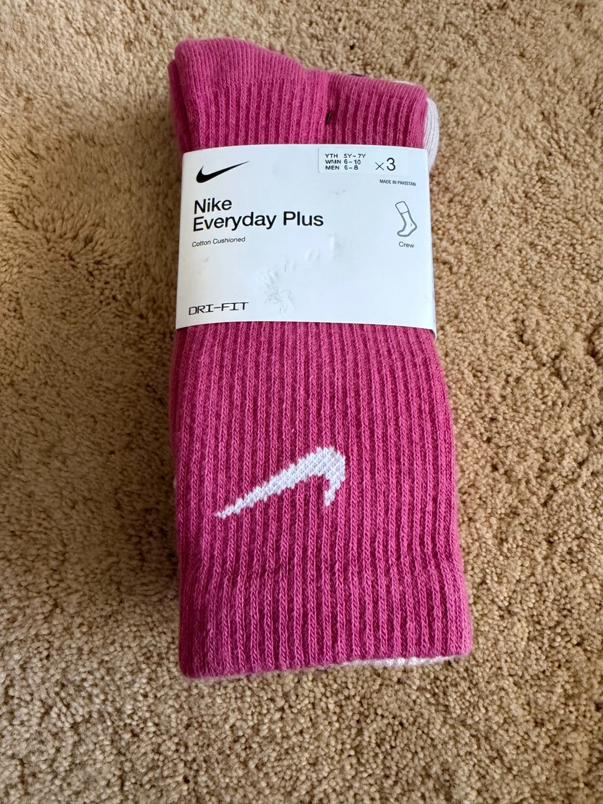 Nike Dri-Fit Everyday Plus Cotton Cushioned Crew Socks Size Medium 3 Pack Rose