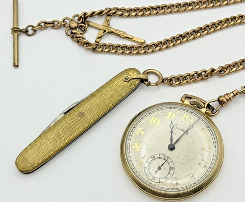 Antique 1920's Illinois Watch Co. Pocket Watch with Pocket Knife & Cross Pendant