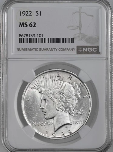 1922-P  $1 PEACE SILVER DOLLAR  "PHILADELPHIA MINT"  NGC MS62 #8678139-101