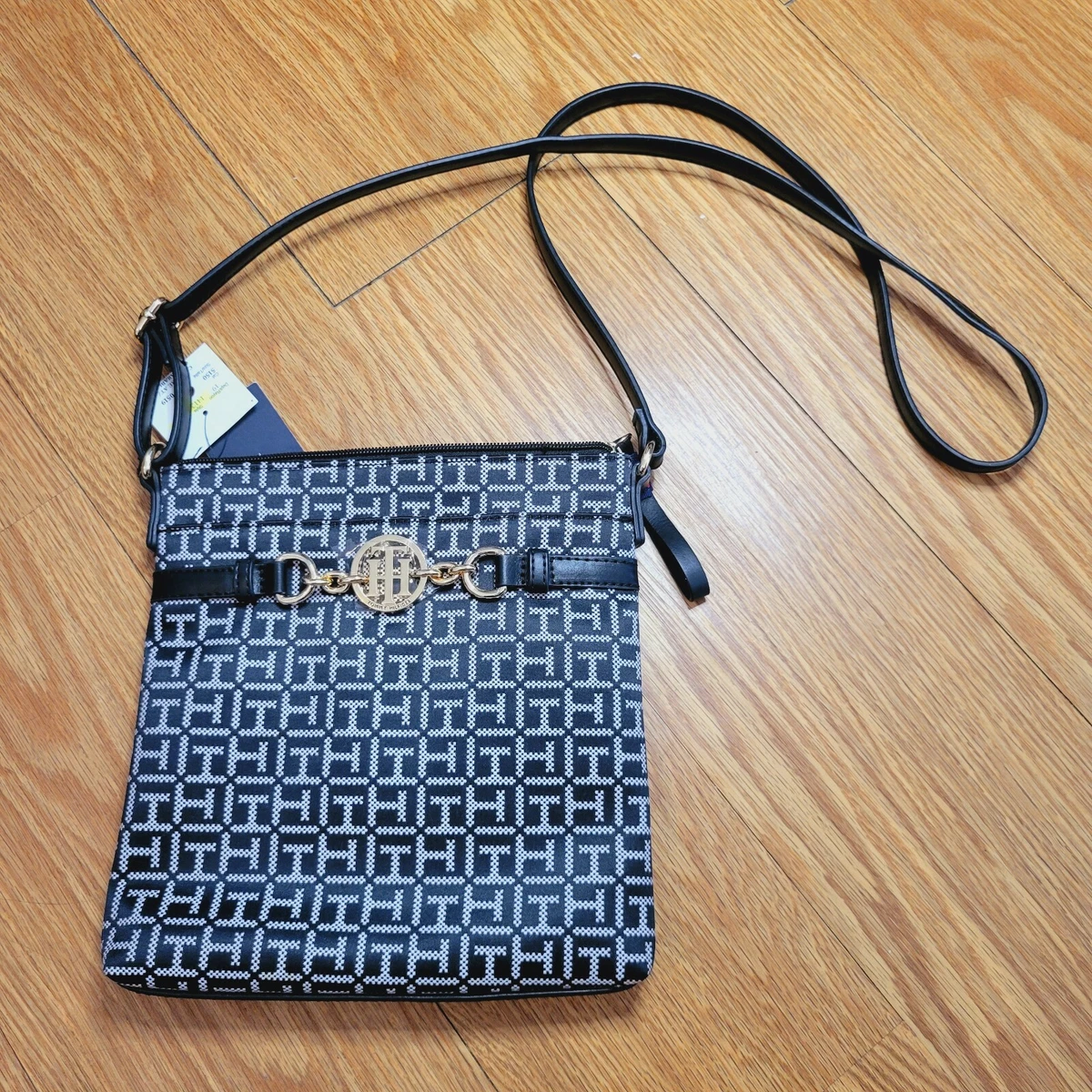 Tommy Hilfiger Monogram Crossbody Purse Handbag Black Gold-Tone Adjustable  Strap