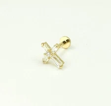 14K Solid Gold Tiny Cross Internally Threaded Labret Stud Earring(18Gauge)