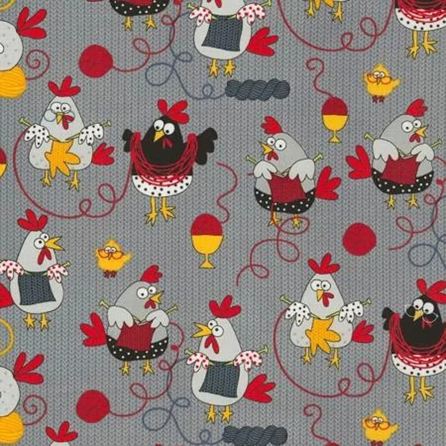 Knitting Chickens Allover Grey Cotton Quilting Fabric 1/2 YARD - image 2 of 3
