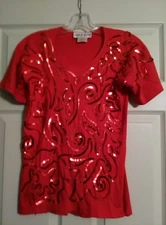 NANCY HELLER Vintage Red Sequin T-shirt. Size 1 or Small.