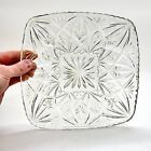 VINTAGE PRESSED GLASS SQUARE CAKE DISH STAND STARBURST CUT DESIGN RETRO 9"