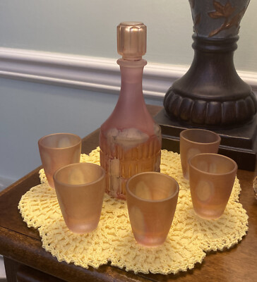 Vtg Art Nouveau ARC FRANCE 7  Decanter With 5 Shot Glasses Frosted Satin Drip