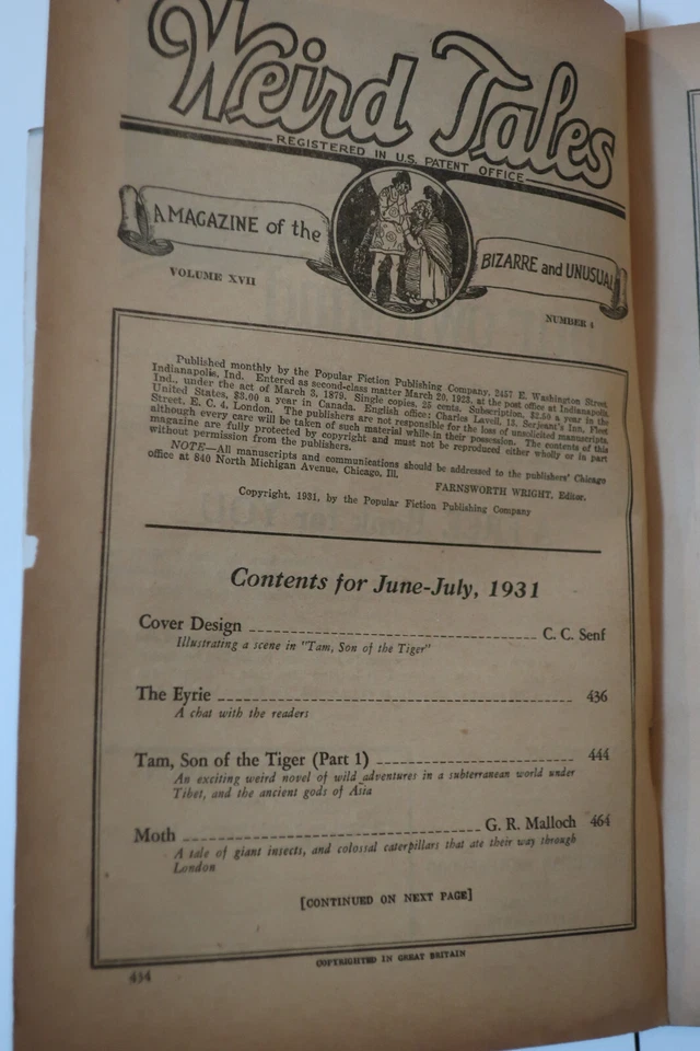 Revista Weird Tales Pulp 1ª Serie Julio 1931 Vol. 17 #4 GD+ Lovecraft Foto 3 de 4